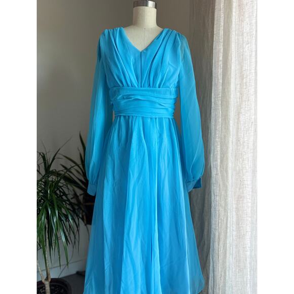 Vintage Women’s Small Dress Blue Sheer Chiffon Long Sleeve V-Neck Ruched 70s - Picture 3 of 4